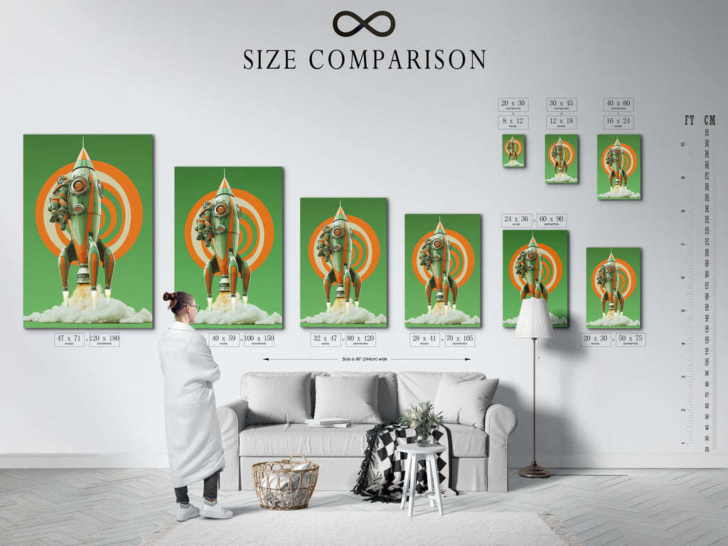 A size comparison chart is showcased in an interior setting. This chart helps you visualize artwork dimensions. You can easily compare different sizes. This helps you choose the perfect piece for your space. Easily find the right fit for your walls.