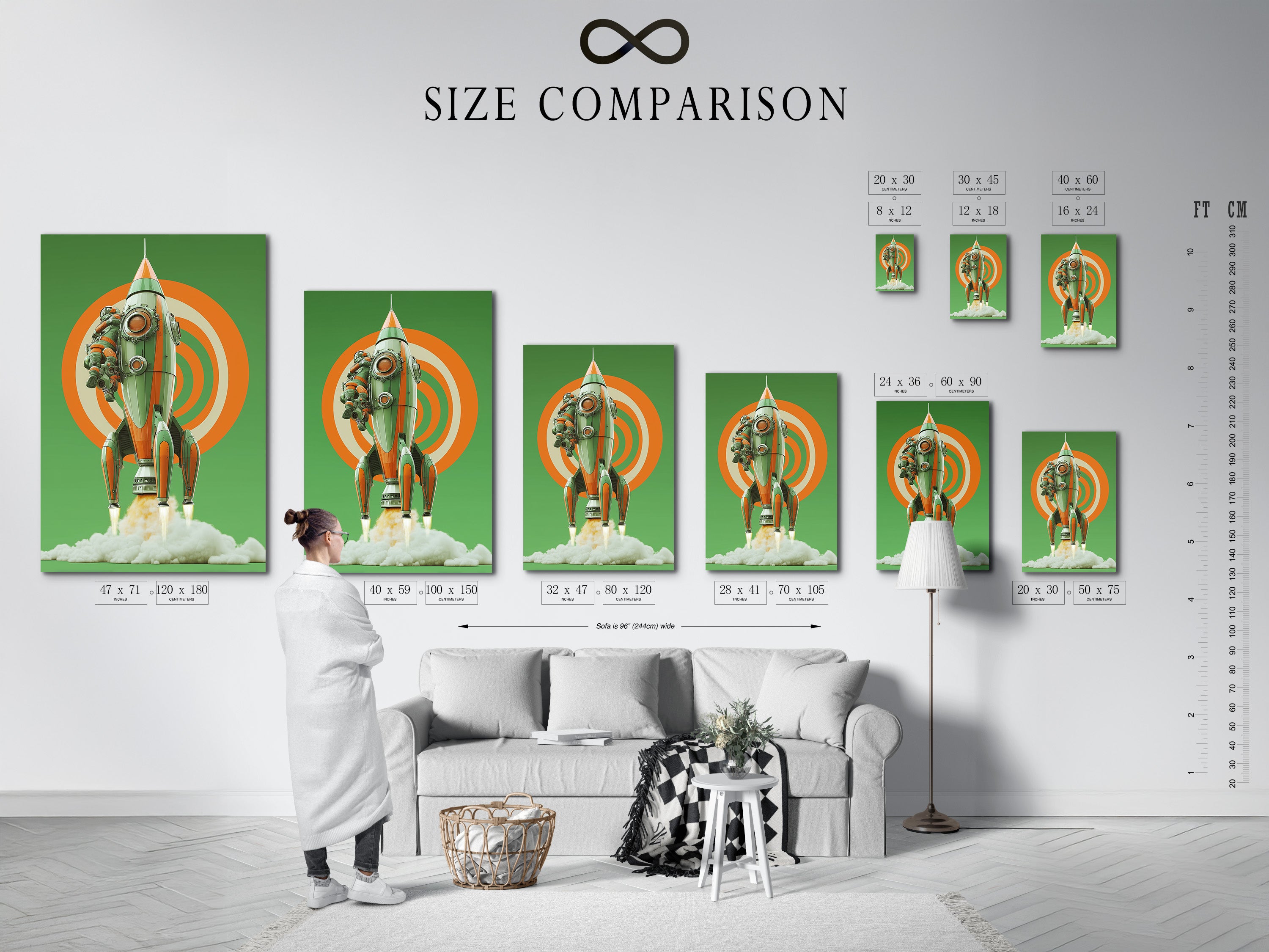 A size comparison chart is showcased in an interior setting. This chart helps you visualize artwork dimensions. You can easily compare different sizes. This helps you choose the perfect piece for your space. Easily find the right fit for your walls.