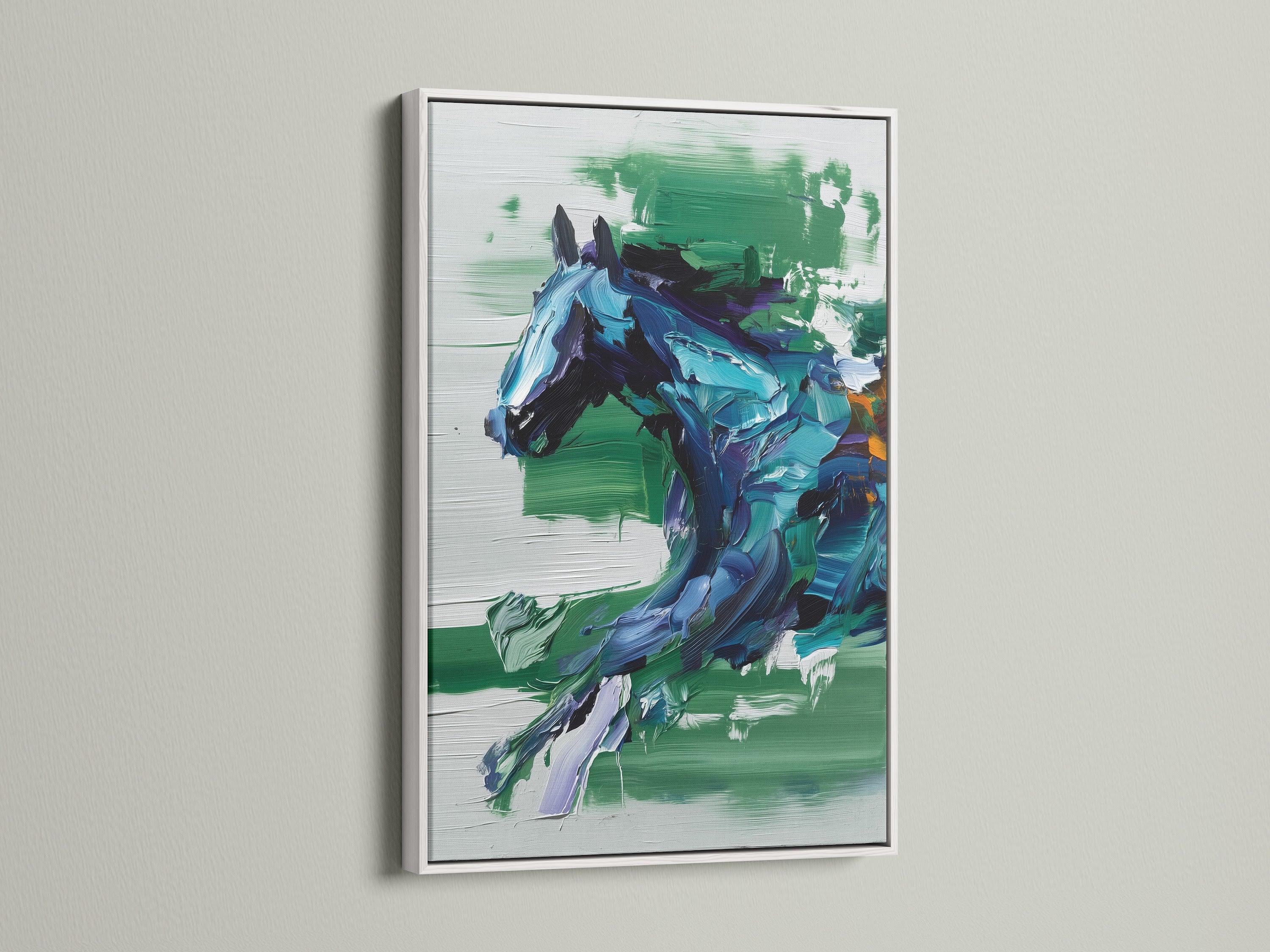 A white frame displays a vibrant horse artwork. The abstract animal art features blue and green hues. This equestrian decor suits contemporary or farmhouse styles. Elevate your space with modern horse prints.
