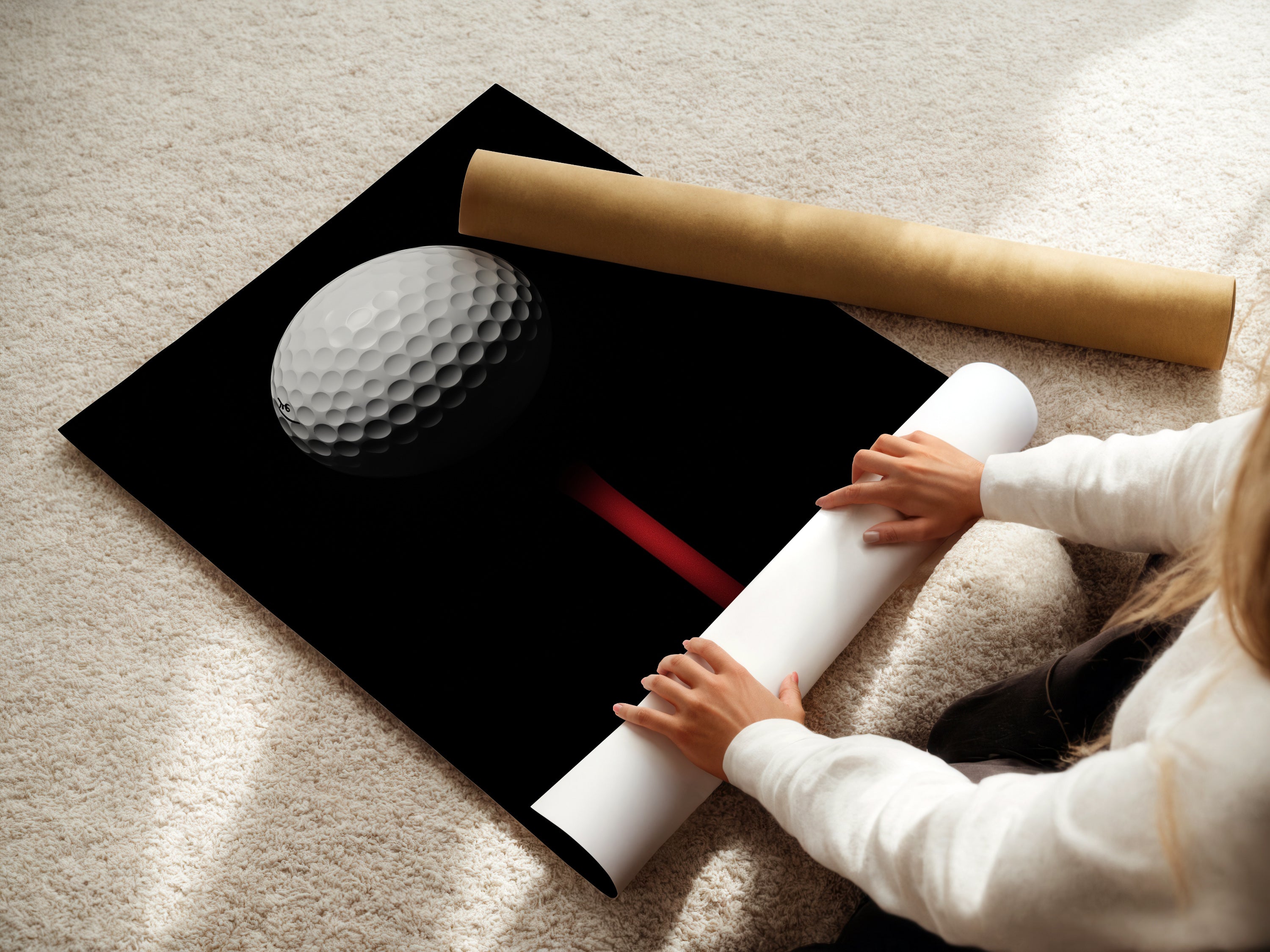 Woman carefully rolling a fine art poster paper. The golf ball artwork is printed on high quality material. Perfect for framing or displaying as is. This is a great golf lover gift.