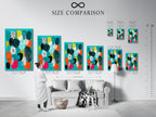A size comparison chart displayed in a modern interior. See how different sizes of mid-century modern artwork look in a living space. The abstract canvas features teal orange and geometric shapes. Find the perfect fit for your wall.