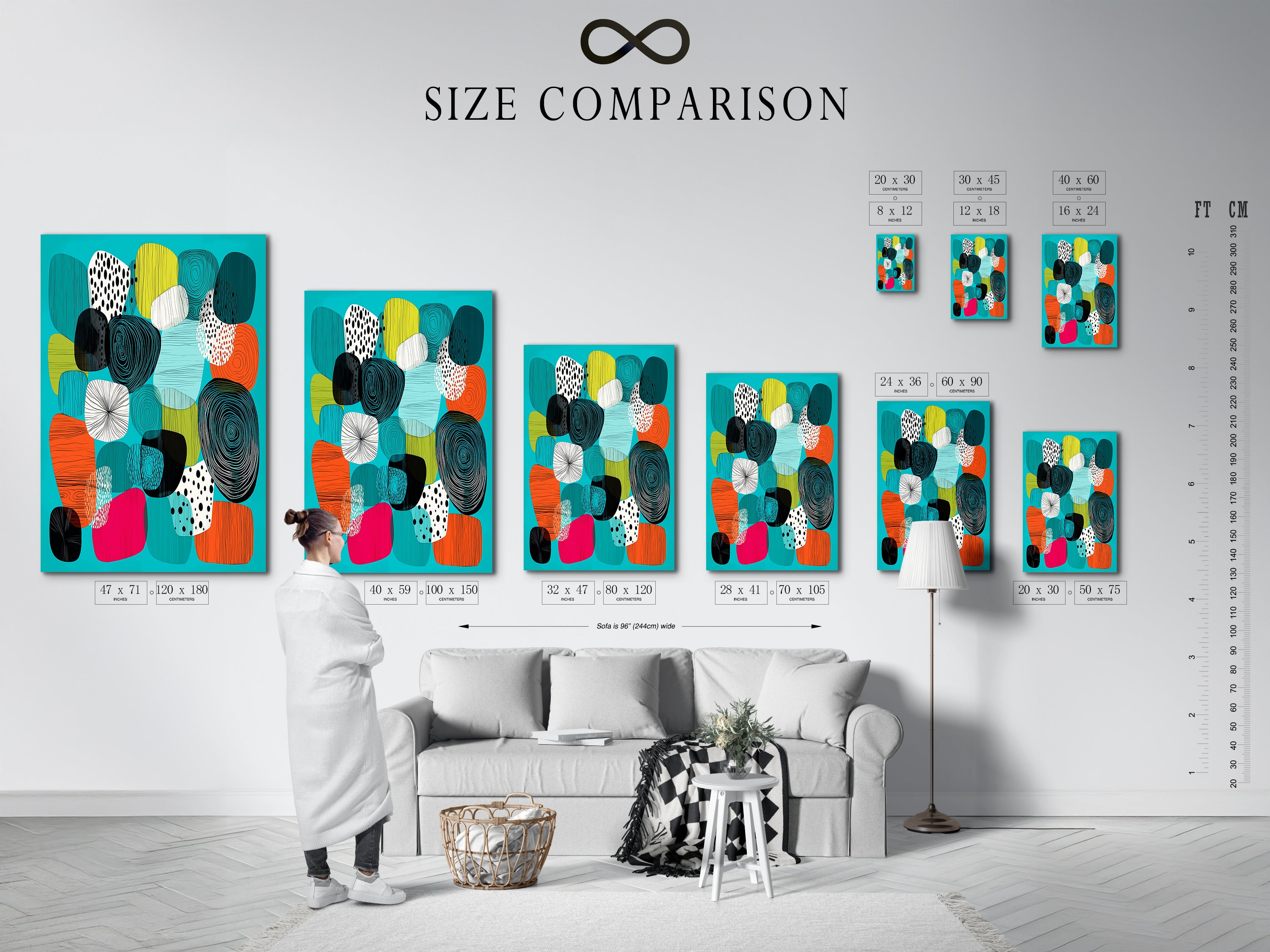 A size comparison chart displayed in a modern interior. See how different sizes of mid-century modern artwork look in a living space. The abstract canvas features teal orange and geometric shapes. Find the perfect fit for your wall.