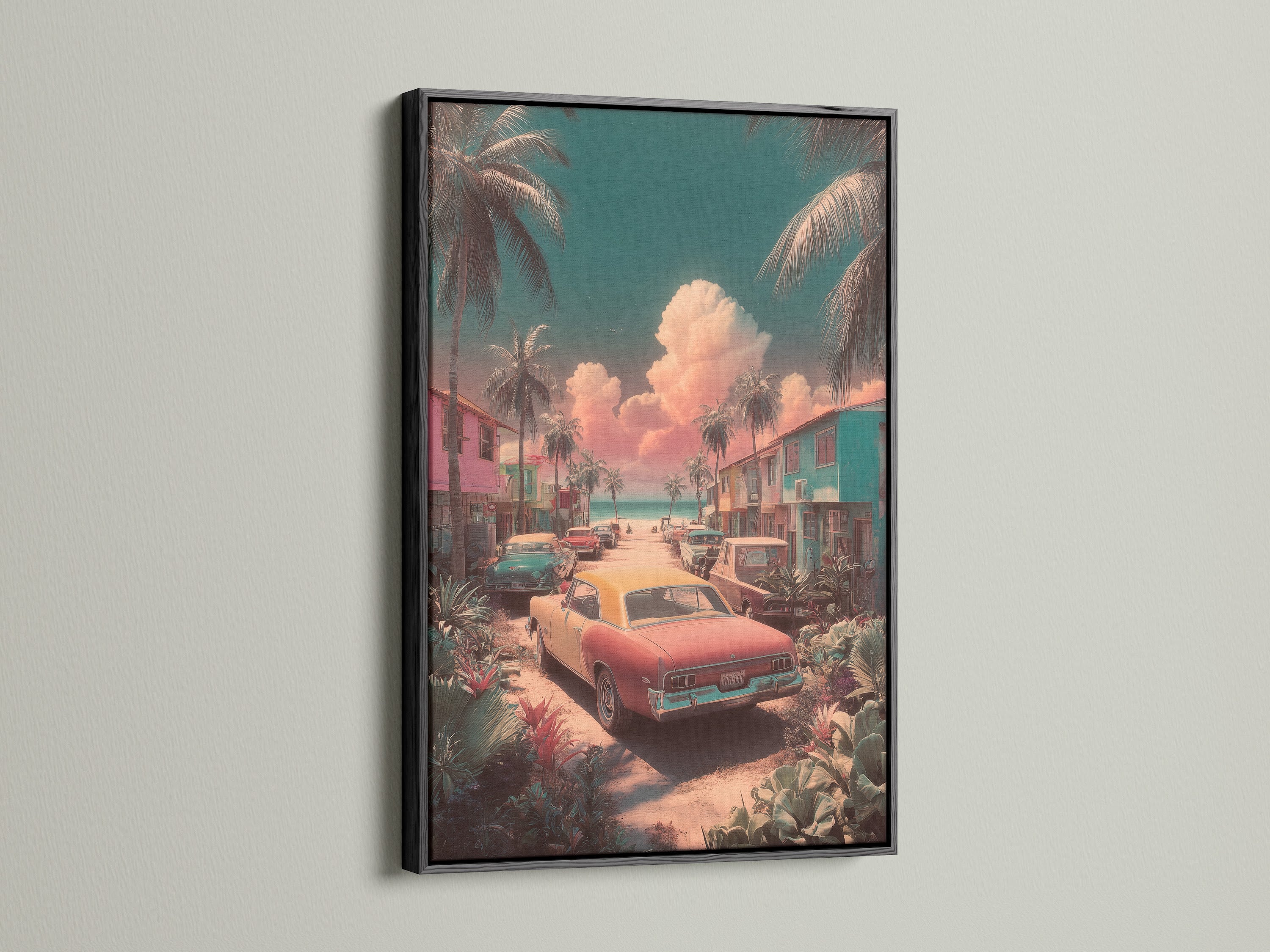 Artwork featuring a retro car scene is displayed in a black frame. The black frame adds a classic touch to the artwork. The artwork is perfect for a modern aesthetic. The artwork is beautifully enhanced by the black frame's bold contrast.