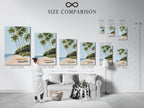 Size comparison chart in an interior setting. The chart helps visualize how different sizes of the tropical beach artwork will look in a room. Find the perfect size for your space. Enhance your home with coastal artwork.