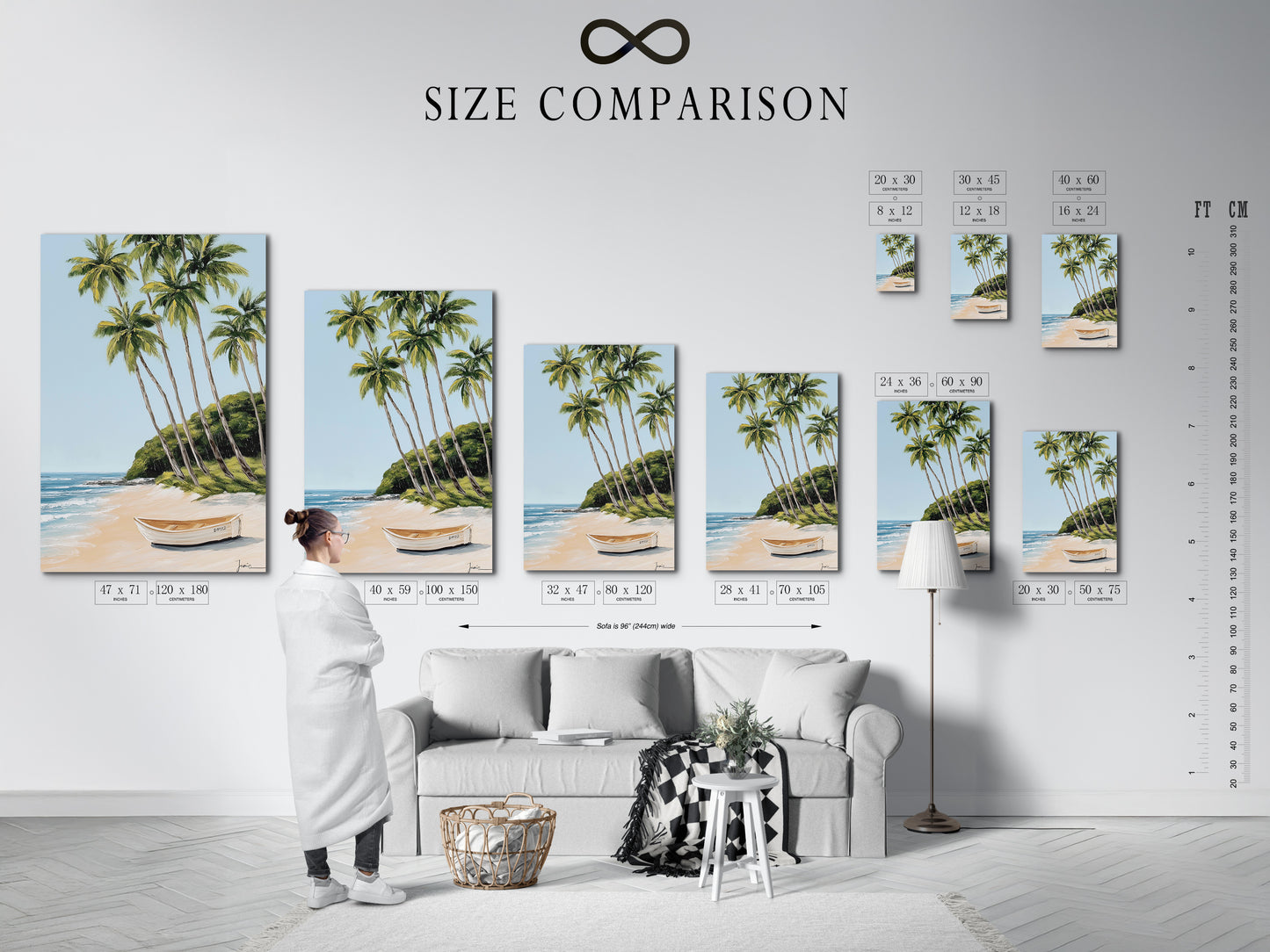 Size comparison chart in an interior setting. The chart helps visualize how different sizes of the tropical beach artwork will look in a room. Find the perfect size for your space. Enhance your home with coastal artwork.