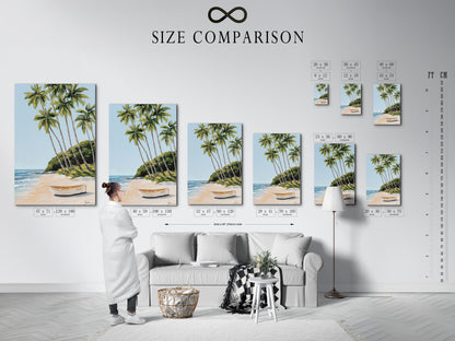 Size comparison chart in an interior setting. The chart helps visualize how different sizes of the tropical beach artwork will look in a room. Find the perfect size for your space. Enhance your home with coastal artwork.