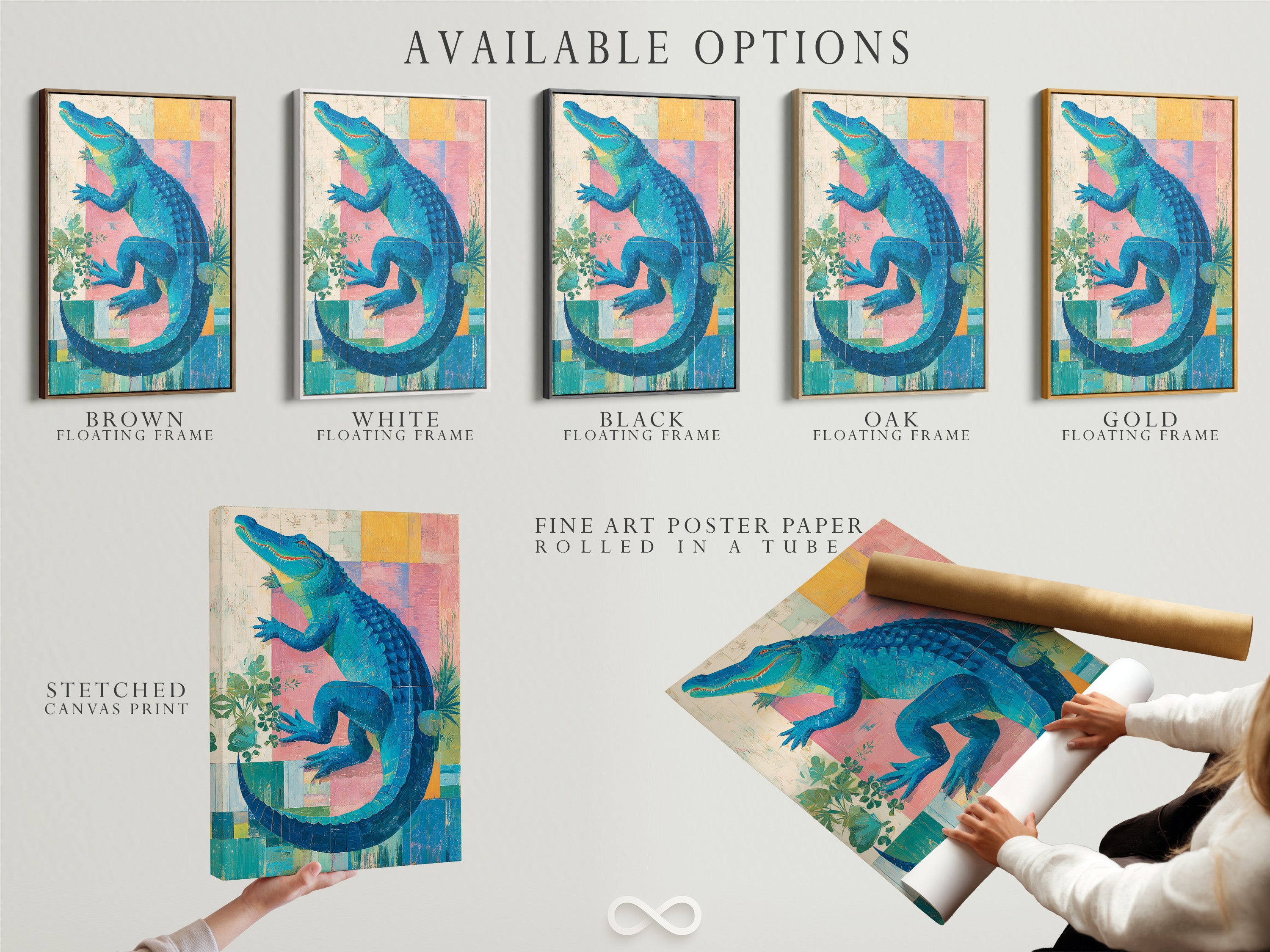 Available options include stretched canvas print fine art poster paper and floating frame. Customize your alligator artwork to match your style. Select the perfect medium for your tropical animal print. Elevate your decor today.