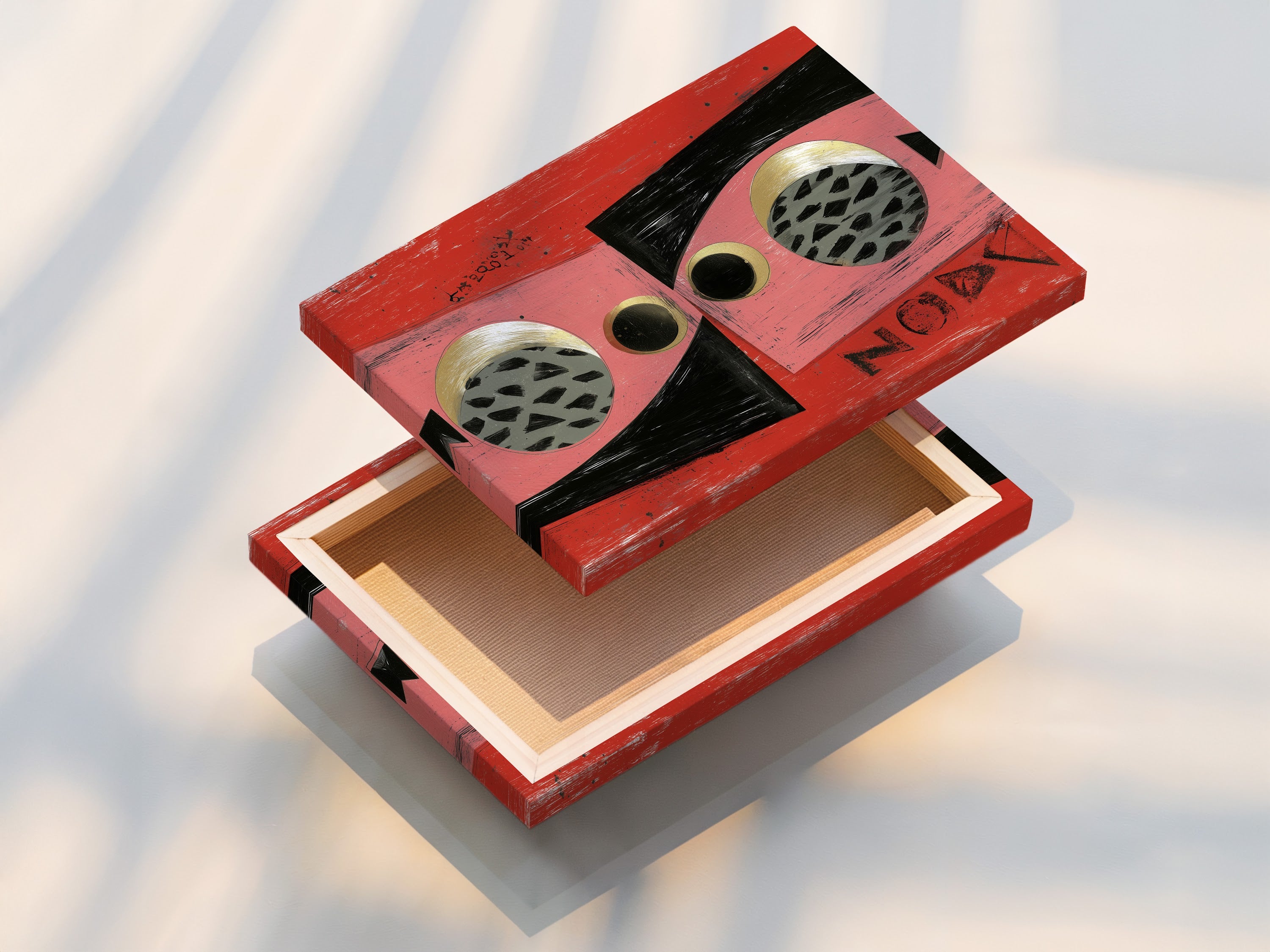 A stretched canvas print is beautifully displayed. The abstract geometric artwork features pink coral black and gold elements. This modern canvas art is perfect for adding a touch of sophistication to any space. It complements minimalist Scandinavian or eclectic styles. Transform your living room or office with this piece