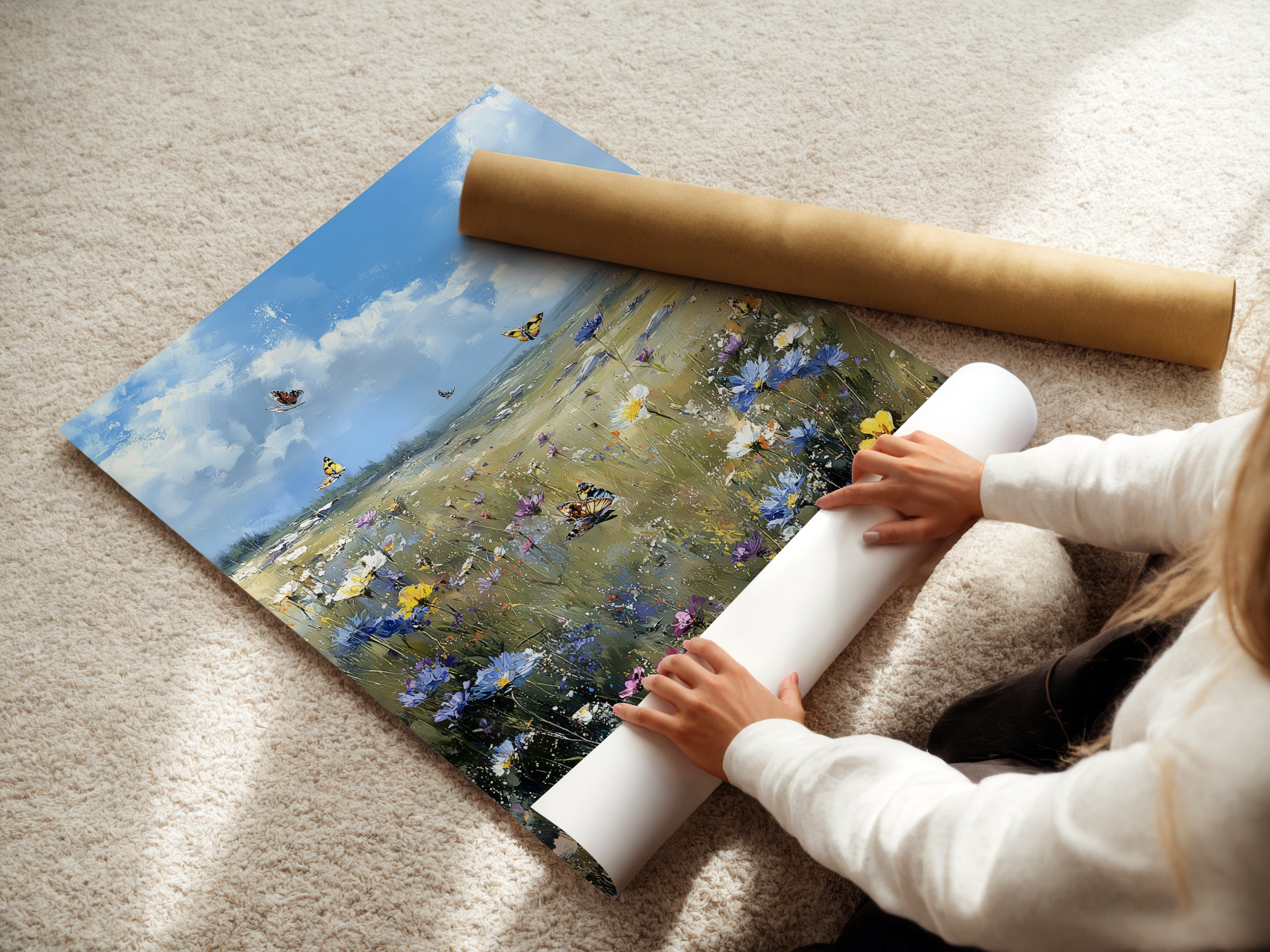 A woman is carefully rolling a fine art poster paper. The poster features the Wildflower Meadow artwork. This butterfly field wall art is perfect for nature lovers. Ideal for cottagecore farmhouse and traditional decor.