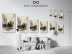 A size comparison chart is displayed in an interior setting. Helping viewers visualize the dimensions of artwork. Relative to furniture and decor. Making it easier to choose the perfect piece.