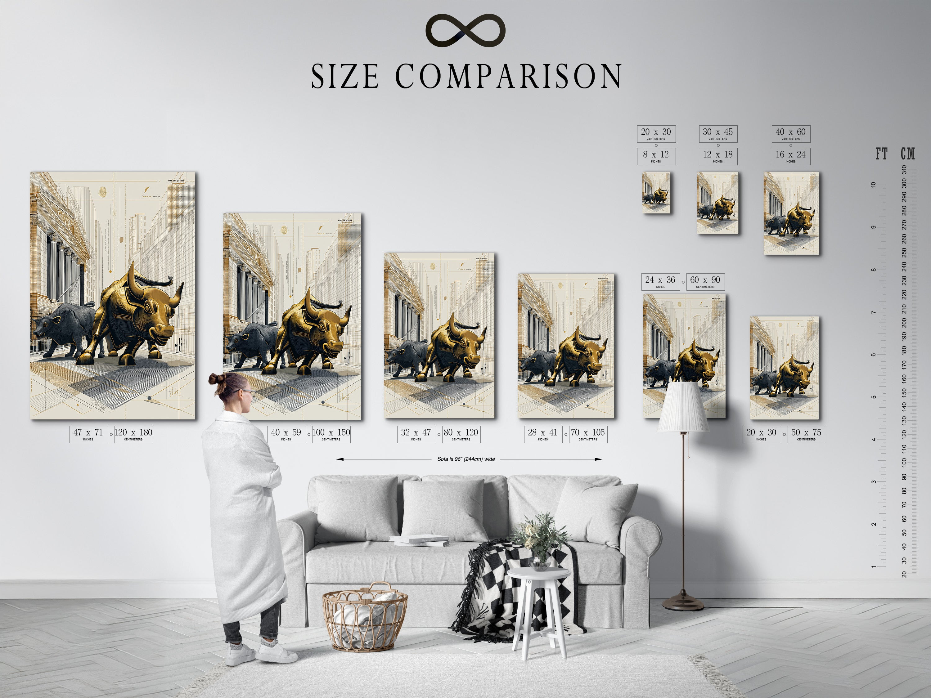 A size comparison chart is displayed in an interior setting. Helping viewers visualize the dimensions of artwork. Relative to furniture and decor. Making it easier to choose the perfect piece.