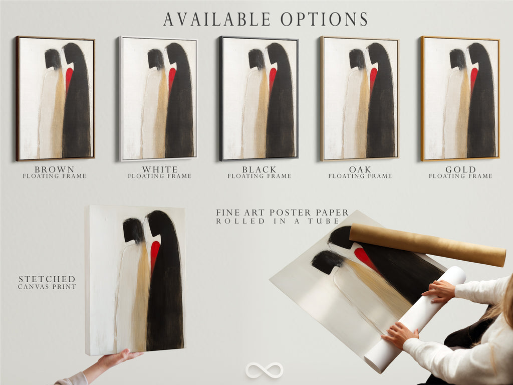 Explore the available options for your abstract couple artwork. Choose from a stretched canvas print fine art poster paper or floating frame. Customize your minimalist love canvas to match your style. Elevate your home decor with these contemporary art options.