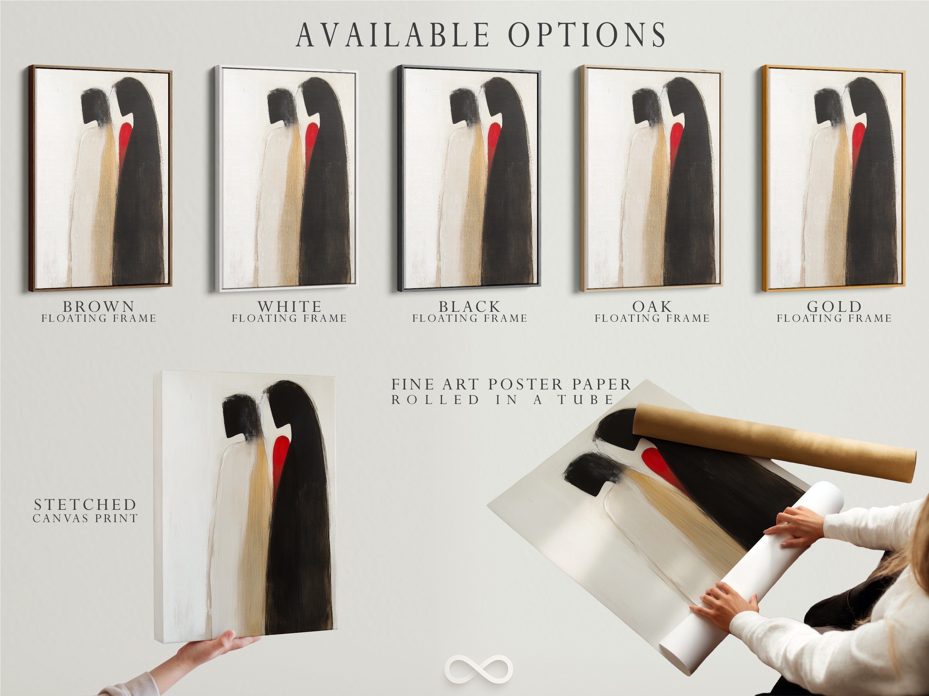 Explore the available options for your abstract couple artwork. Choose from a stretched canvas print fine art poster paper or floating frame. Customize your minimalist love canvas to match your style. Elevate your home decor with these contemporary art options.