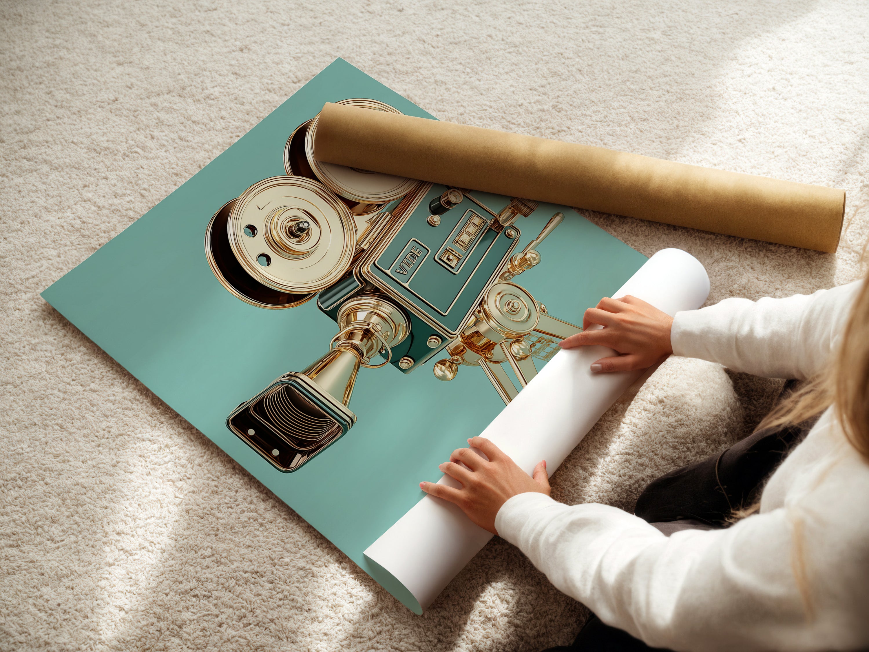 A woman is carefully rolling a fine art poster paper. The poster paper is of high quality ensuring the artwork's longevity. This highlights the care and attention to detail in the production process. It is ideal for art enthusiasts who appreciate fine prints. The poster paper showcases the artwork's vibrant colors.