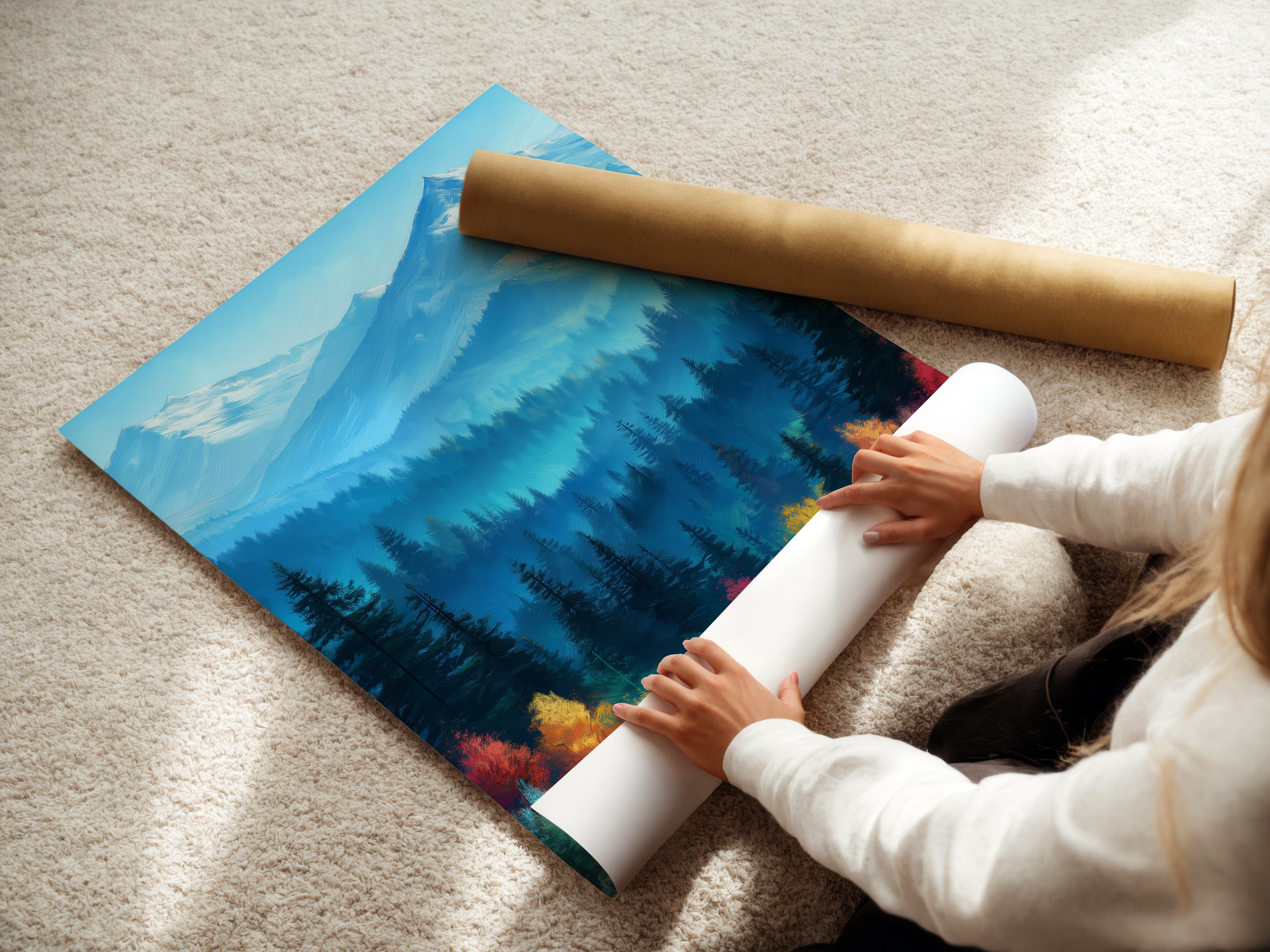 A woman is rolling a fine art poster paper featuring a mountain landscape. The artwork showcases a colorful autumn forest and blue mountains. This poster paper is perfect for framing. Ideal for nature lovers seeking rustic wall decor. Explore our range of mountain art and nature prints.