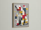 Artwork with an oak frame. The artwork is of a polar bear. The polar bear art is made up of squares and lines. Ready to hang in any room. A great piece of art for your home or office. This frame brings a natural element to the space.