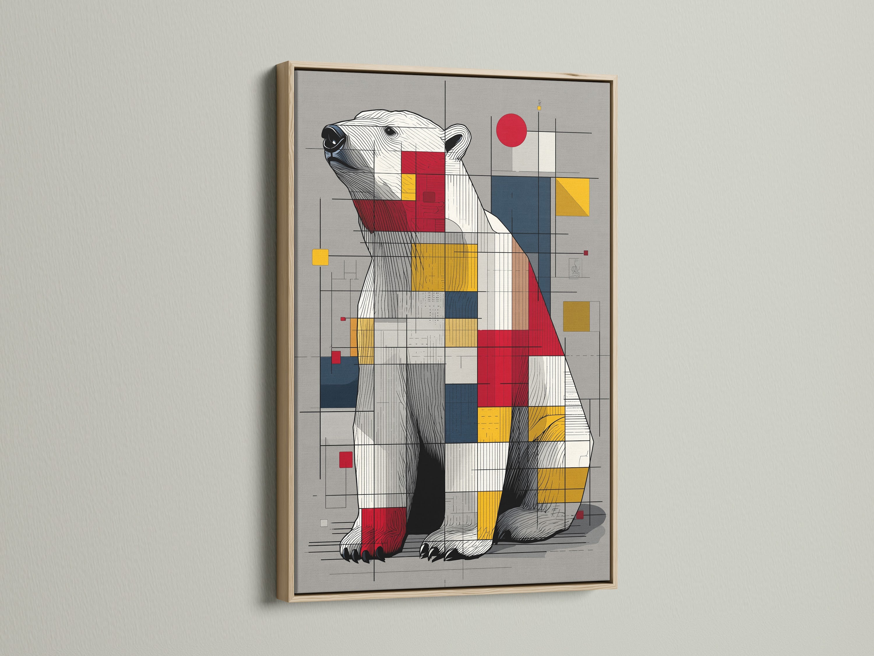 Artwork with an oak frame. The artwork is of a polar bear. The polar bear art is made up of squares and lines. Ready to hang in any room. A great piece of art for your home or office. This frame brings a natural element to the space.
