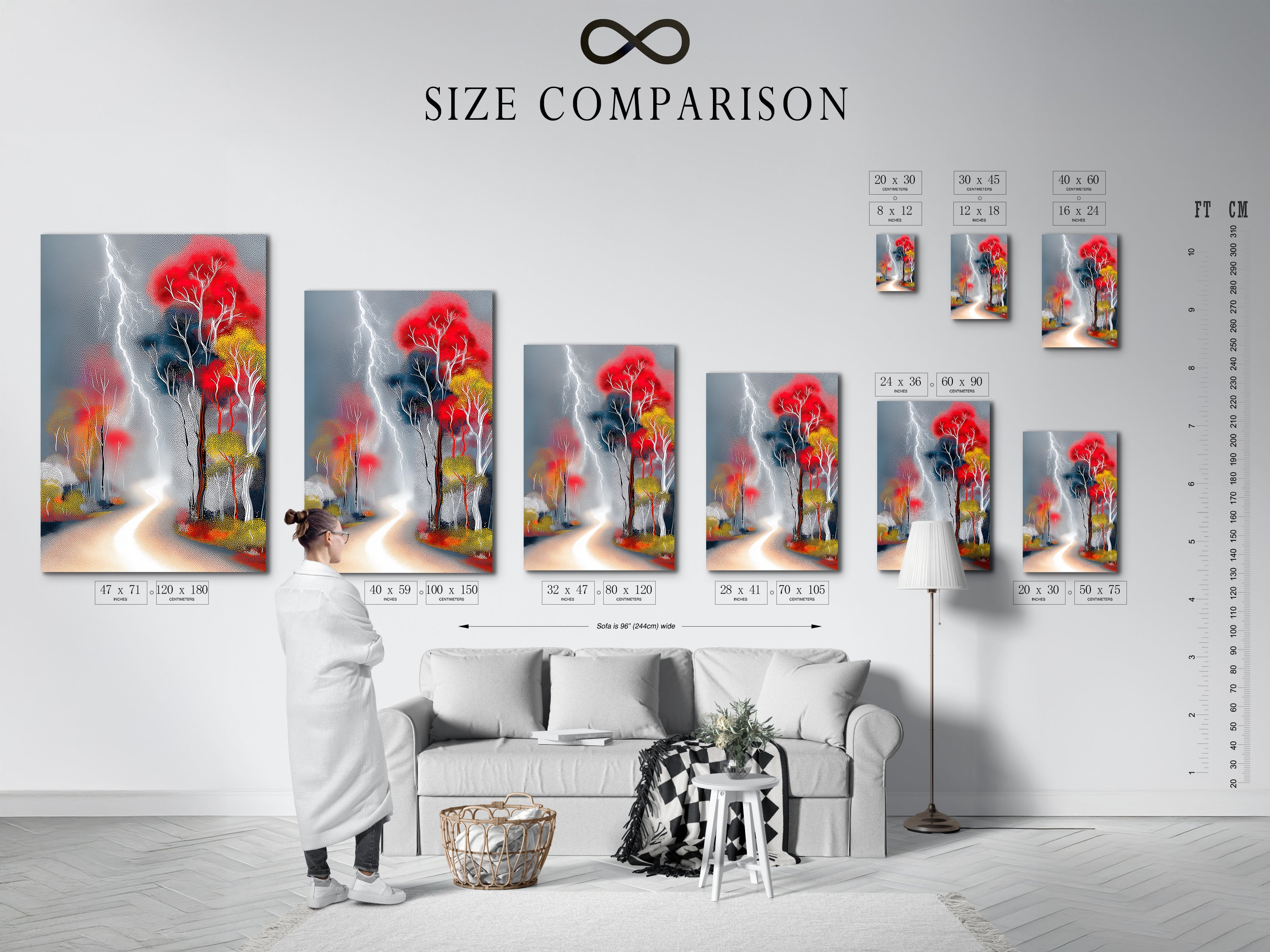 A size comparison chart in an interior setting. The chart showcases the available sizes for the 'Lightning Forest' artwork. Visualize the perfect fit for your space. Choose from various sizes to suit your decor needs. Find the ideal wall art for your home or office.