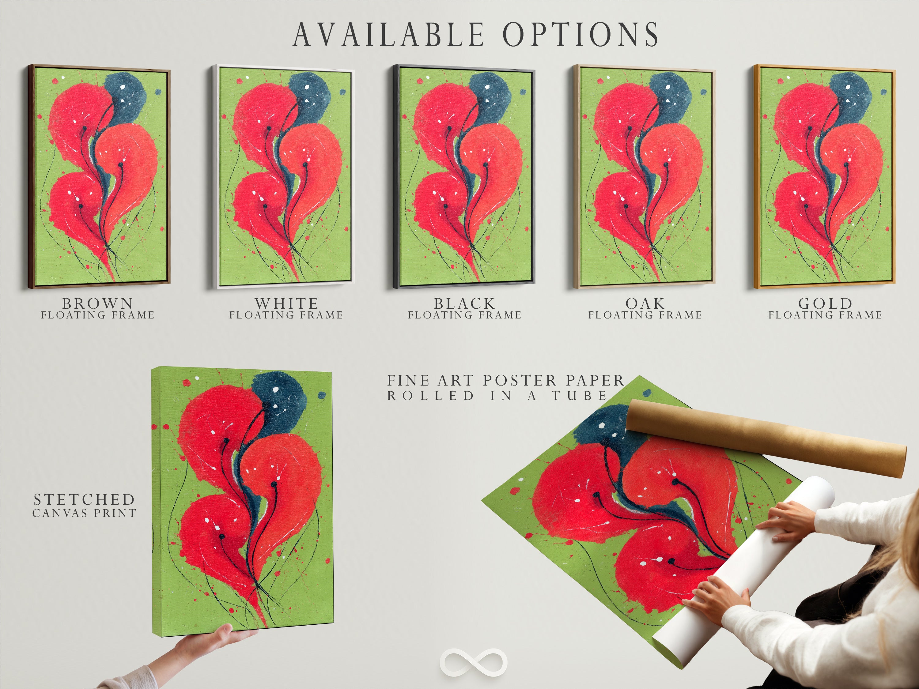 Explore available options for abstract floral artwork. Options include a stretched canvas print a fine art poster paper and a floating frame. The red and blue modern botanical art is versatile. Customize your wall decor to suit your style and space. Choose the perfect format for your home office or living room.