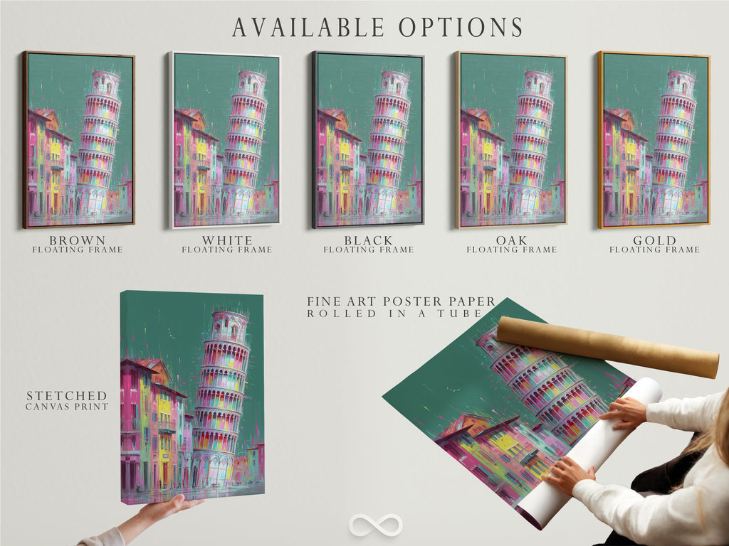 Explore available artwork options. Choose from stretched canvas prints fine art poster paper or a floating frame. Find the perfect style to showcase your Leaning Tower Pisa art. Elevate your decor today.