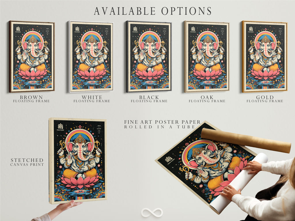 Available options for the Ganesha artwork. Options include stretched canvas print fine art poster paper and floating frame. Customize your Hindu God wall art. Create a unique spiritual meditation poster. Perfect for home or studio decor.