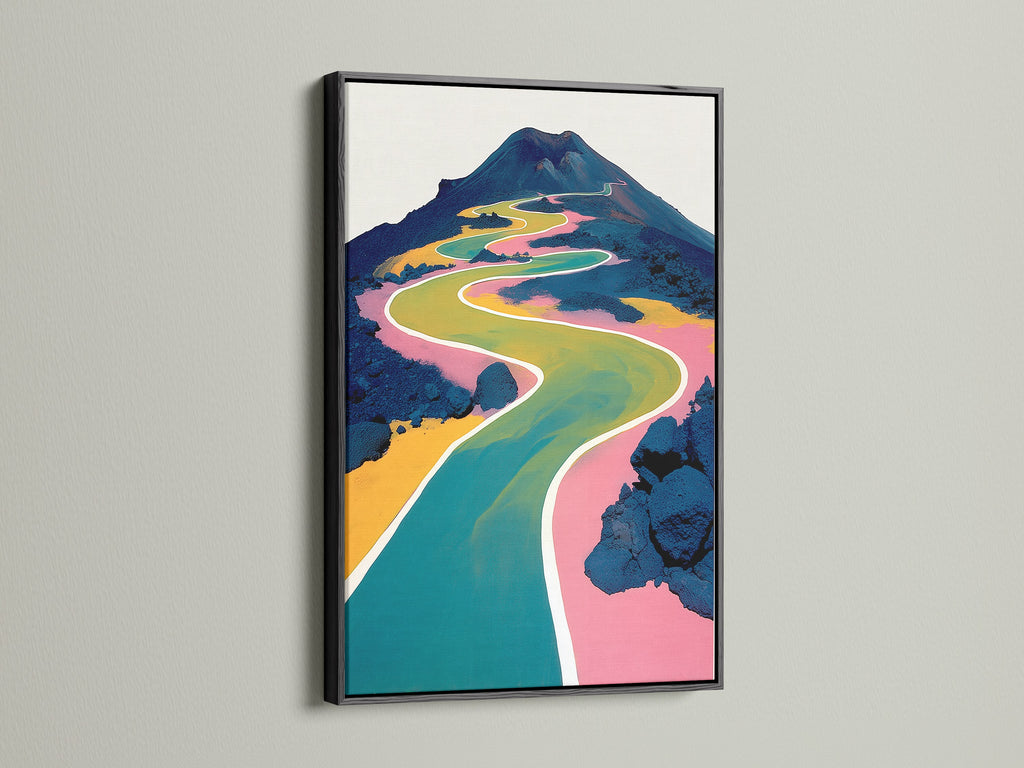 Abstract mountain landscape artwork with a black frame. The colorful winding path is a great focal point. This modern nature poster is ideal for office wall decor or home.