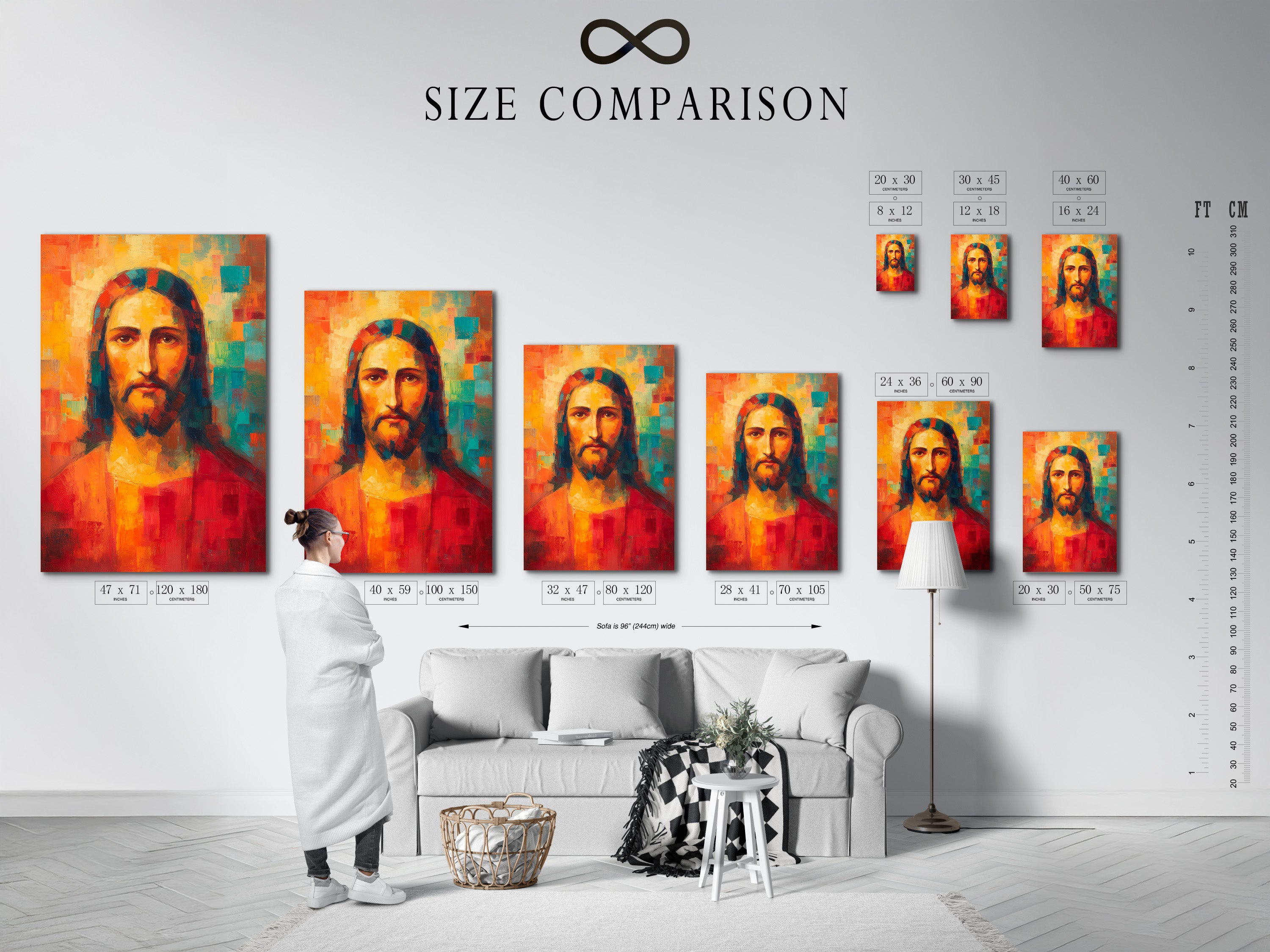 Size comparison chart in an interior setting. The chart shows various sizes of art prints. This helps you visualize the perfect size for your space. Find the ideal art piece for your home today. Transform your space.