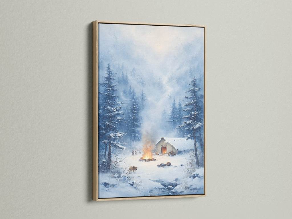 Winter Cabin Art. This artwork is framed in an oak frame. Snowy forest print ideal for rustic wall decor. Bring winter wonderland into your home today.
