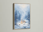 Winter Cabin Art. This artwork is framed in an oak frame. Snowy forest print ideal for rustic wall decor. Bring winter wonderland into your home today.