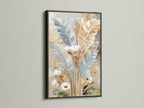 Nature canvas print in a black frame. Bedroom wall art with a minimalist style. The black frame adds contrast. This modern botanical artwork suits various decor styles. The feathers painting is both elegant and striking. The black frame enhances its appeal.