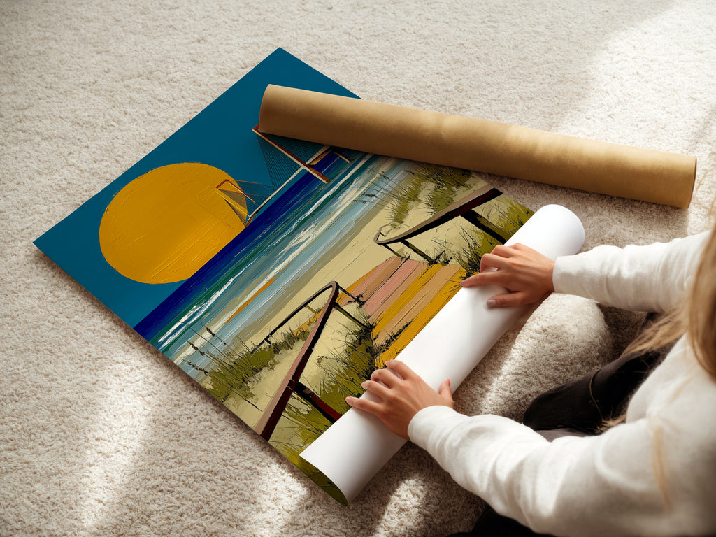 A woman is carefully rolling a fine art poster paper. The paper features a beach boardwalk artwork. This high-quality print captures a serene coastal sunset. Ideal for adding nautical decor to any space. Perfect for framing.