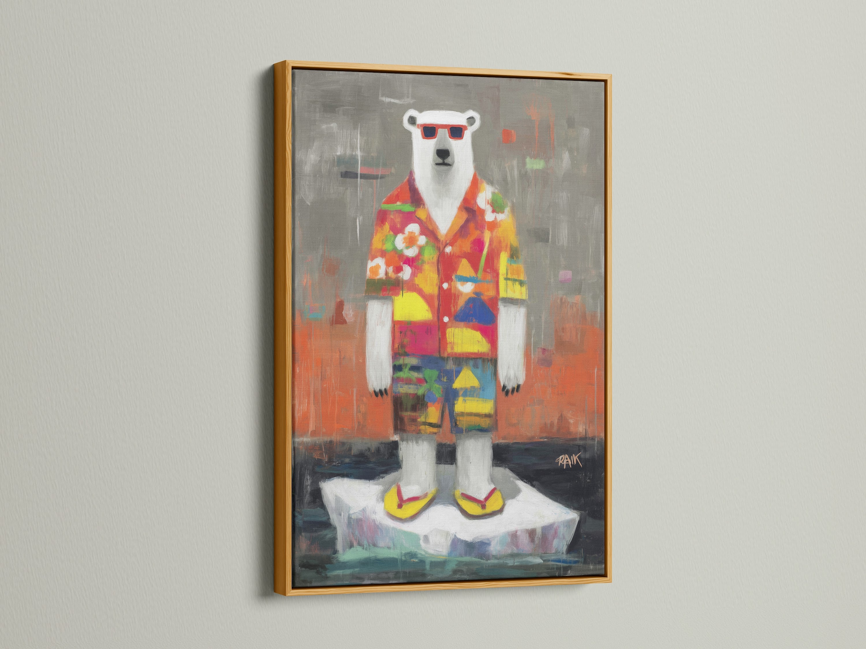 The gold frame adds elegance to this cool polar bear artwork. This quirky animal art is ideal for boutique art displays. The artwork features a polar bear in a tropical shirt. It brings a playful touch to any room decor.