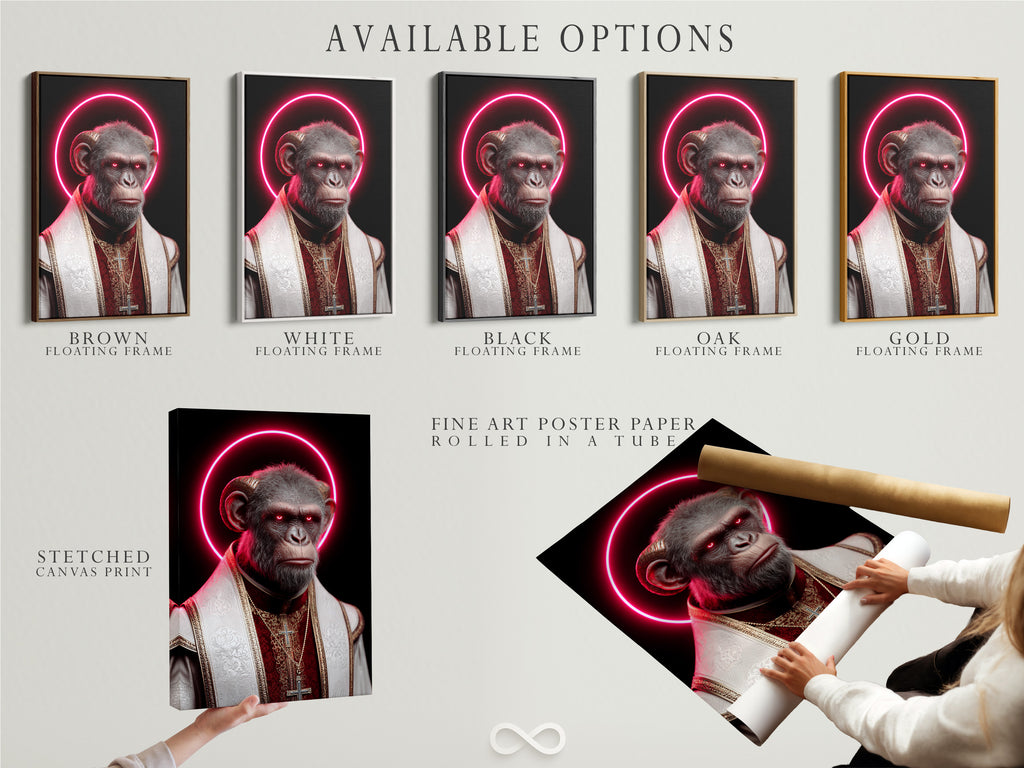 Available options include a stretched canvas print fine art poster paper and floating frame. All featuring the 'Pope Monkey'. Choose the perfect format for this religious artwork. It is ideal for adding a modern touch to your home or office decor.