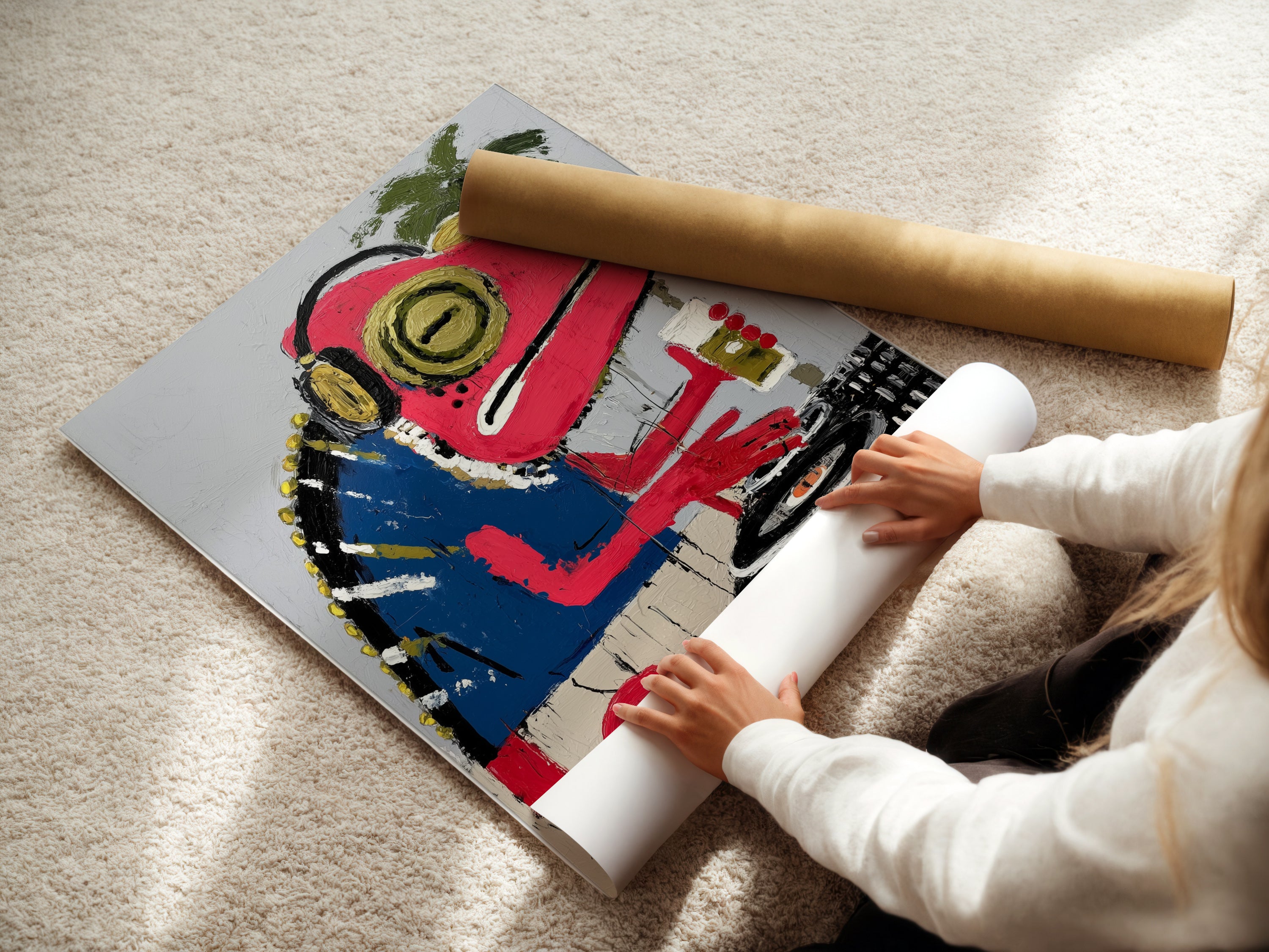 A woman rolling a fine art poster paper print of the Iguana DJ. This is a great option for those who prefer posters. High-quality printing ensures vibrant colors. Perfect for any music room.