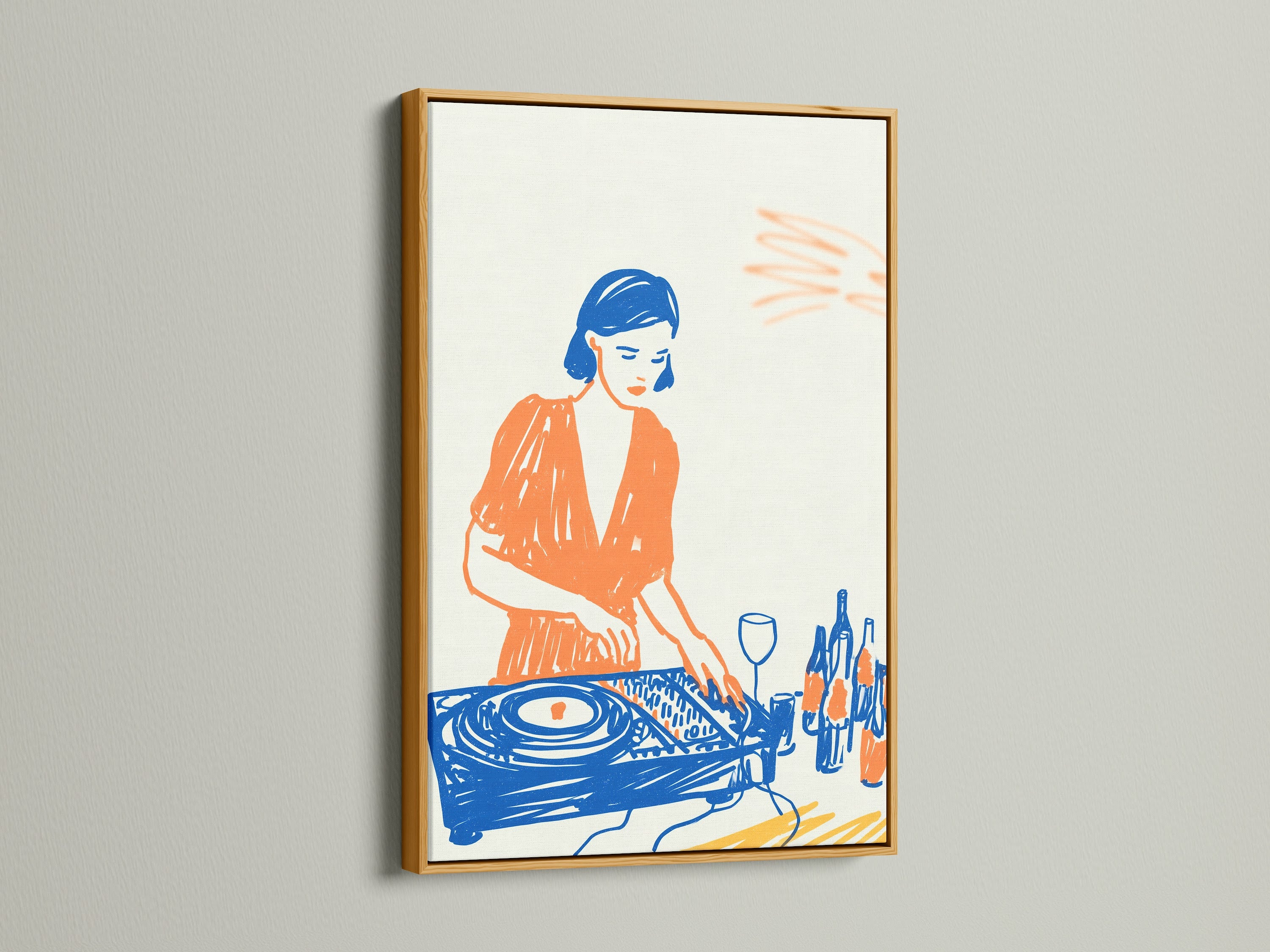 See the DJ Wall Art Print displayed in a gold frame. The gold frame adds a touch of elegance to the vinyl record art. It enhances the retro aesthetic of this music lover gift. Ideal for adding a luxurious feel to your home bar wall art.
