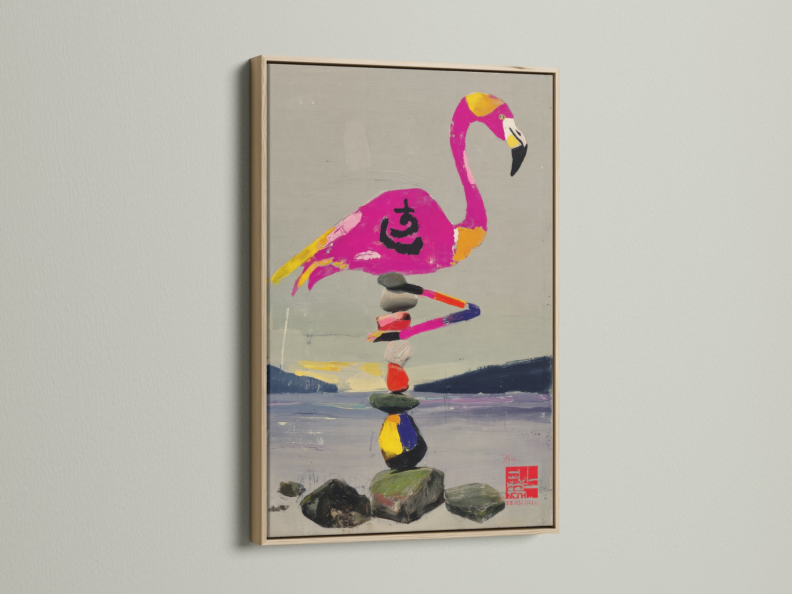 A zen stone stack canvas wall art piece is framed in a natural oak finish. The artwork features a flamingo balancing on rocks. This frame enhances the art's tropical aesthetic. It brings a sense of balance and mindfulness.