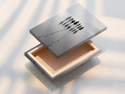 The stretched canvas print of Beach Walk showcases the children holding hands. Black and white seascape art adds elegance. Perfect for nursery decor or kids room art. A minimalist family photo for coastal artwork lovers.