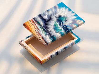 This image showcases a stretched canvas print. The ocean wave artwork is ready to hang. The teal seascape canvas offers vibrant colors. This beach print transforms any room. It is ideal for coastal-themed decor. Enjoy the beauty of the sea.