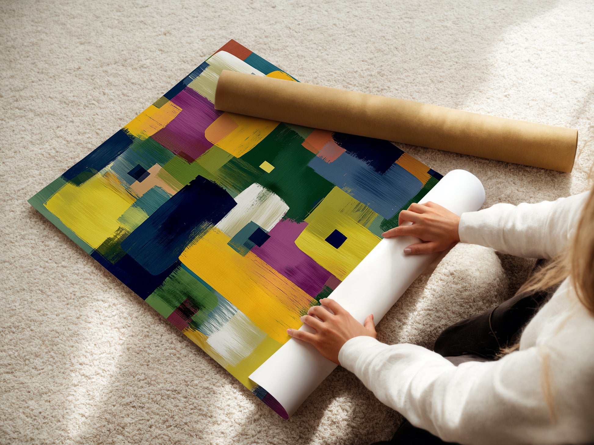 A woman is carefully rolling a fine art poster paper. The poster features an abstract colorful artwork. The artwork has a modern geometric pattern with brushstroke painting in yellow blue and purple hues. This ensures safe shipping.