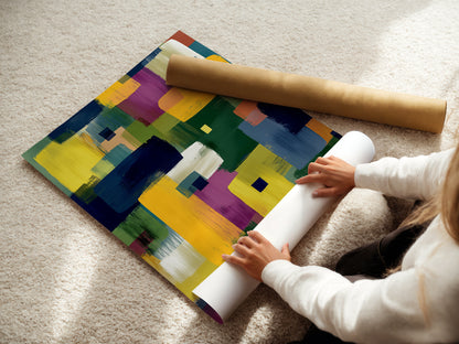 A woman is carefully rolling a fine art poster paper. The poster features an abstract colorful artwork. The artwork has a modern geometric pattern with brushstroke painting in yellow blue and purple hues. This ensures safe shipping.