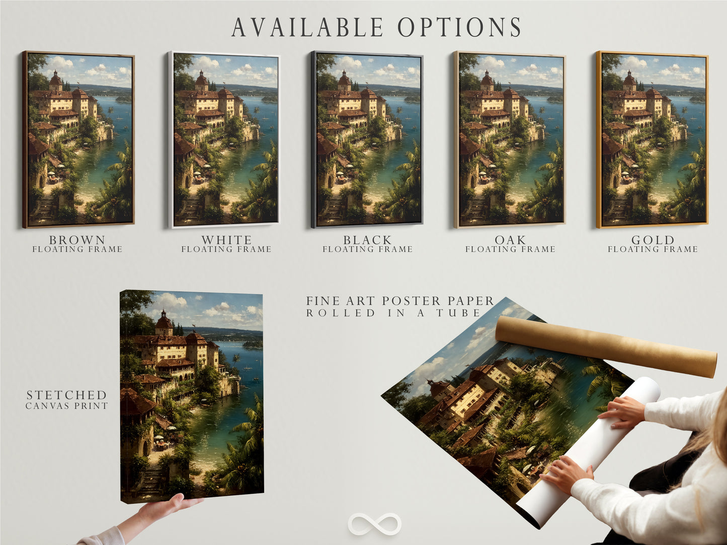 Explore available options for your coastal village artwork. Choose from a stretched canvas print a fine art poster paper or a floating frame. Customize your Mediterranean Sea wall art to match your style. Create the perfect vintage Italian Riviera artwork display.