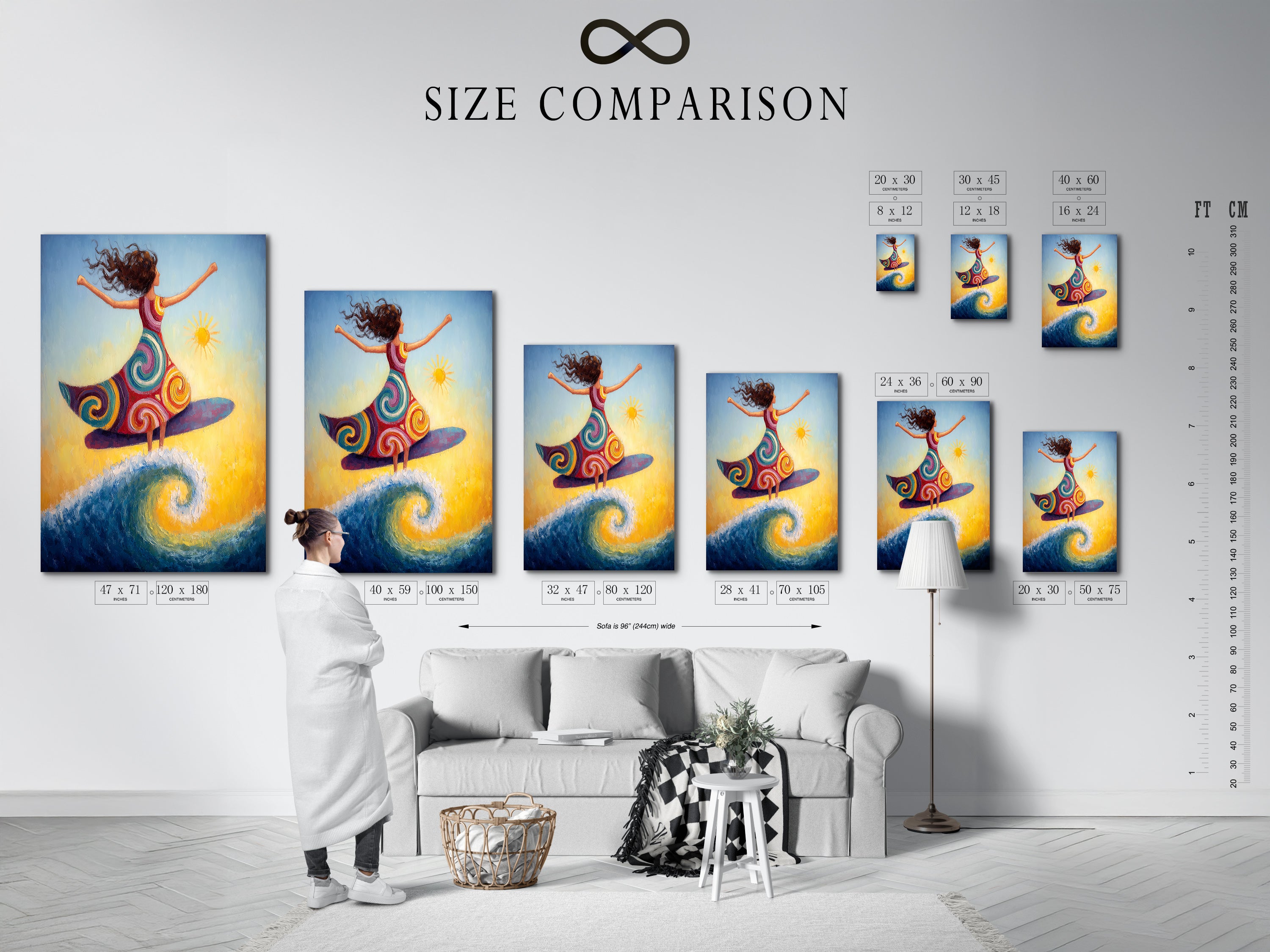 The size comparison chart is displayed in an interior setting. It helps visualize how the surfing girl artwork will look in your space. Perfect for planning your bedroom wall decor or adding coastal artwork to your home. Find the ideal fit for your needs.
