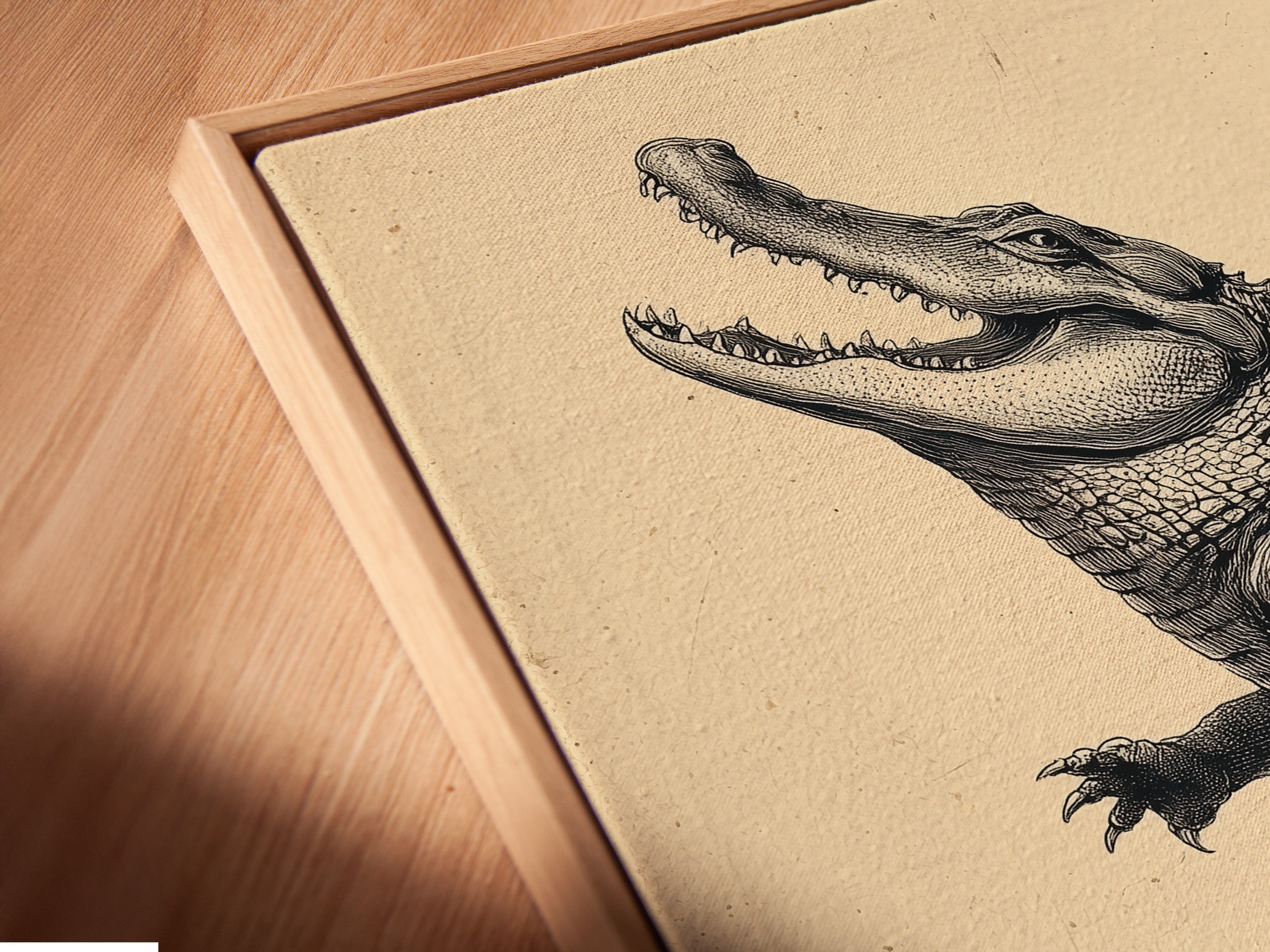 A close-up of a canvas print in a floating frame. This vintage alligator artwork adds a rustic touch to any room. Perfect for creating a primitive aesthetic. Get your reptile wall art today.
