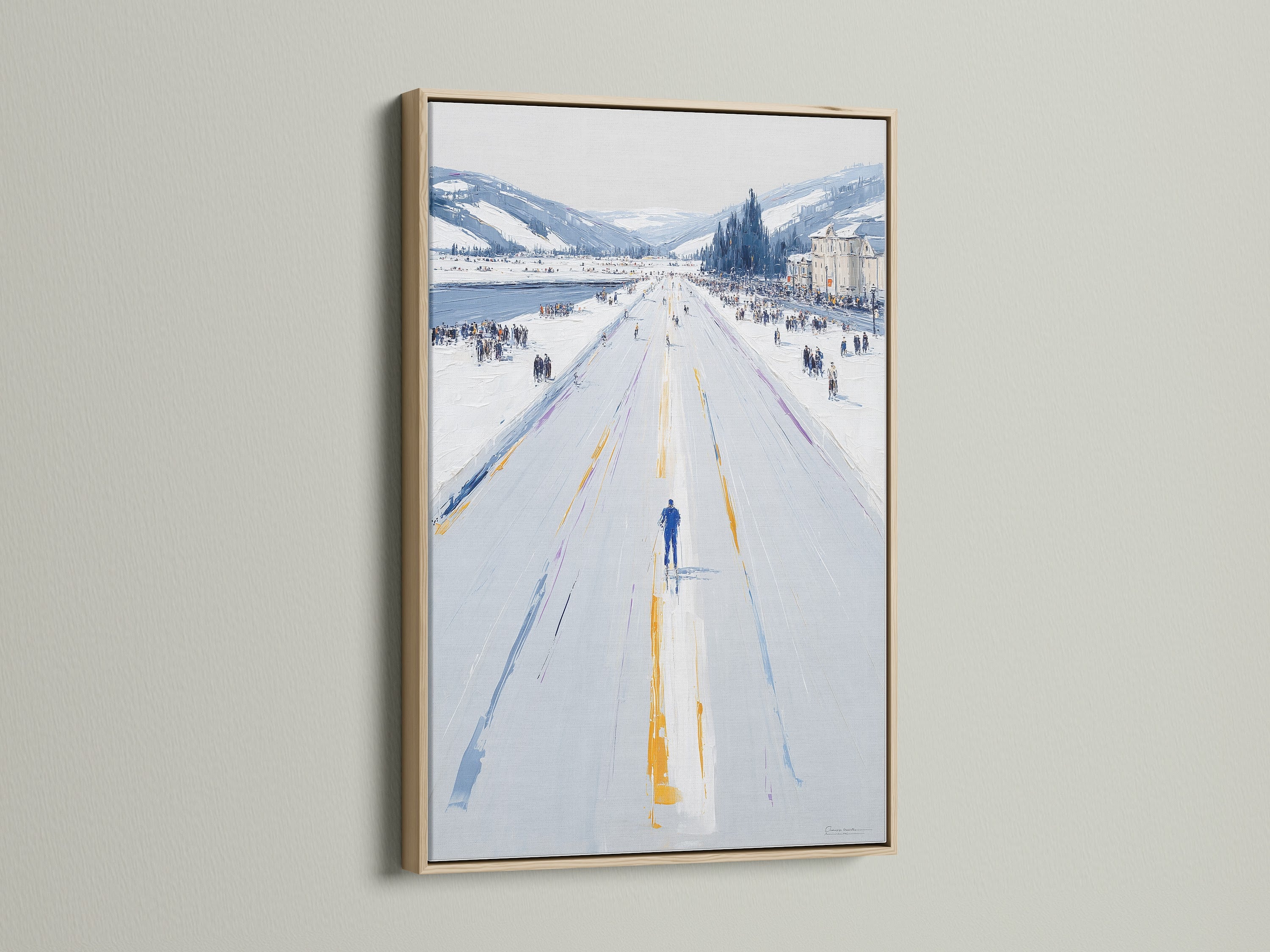 This image showcases the Winter Cityscape artwork with an oak frame. The artwork depicts a snowy street scene in cool tones. Ideal wall art for minimalist Scandinavian coastal rustic industrial or eclectic styles. Perfect for adding a touch of winter to any space.