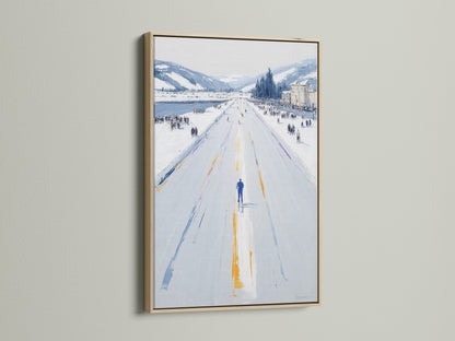 This image showcases the Winter Cityscape artwork with an oak frame. The artwork depicts a snowy street scene in cool tones. Ideal wall art for minimalist Scandinavian coastal rustic industrial or eclectic styles. Perfect for adding a touch of winter to any space.