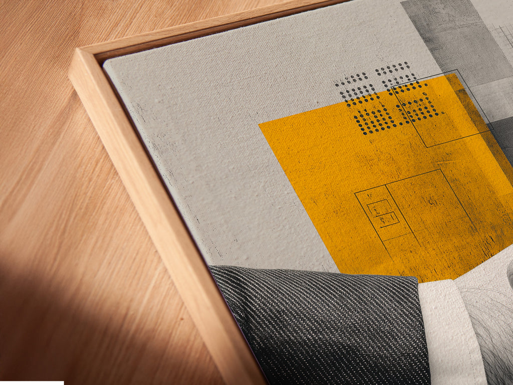Close-up of a Business Handshake canvas print in a floating frame. The modern corporate artwork features yellow accents. The floating frame enhances the artwork's contemporary style. Perfect for any professional space.