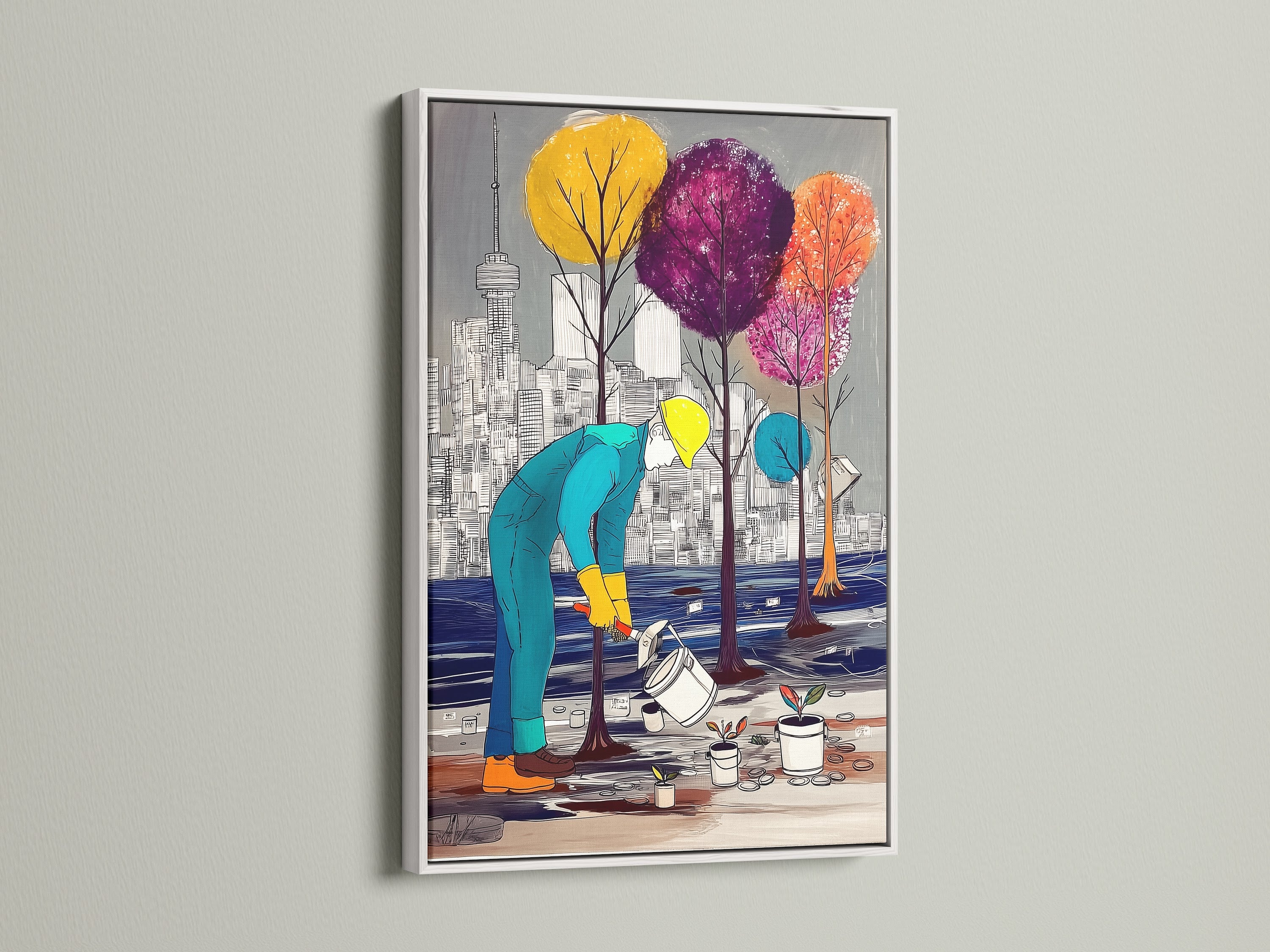 The City Gardener Canvas Print features a white frame. See the modern artwork of colorful trees against an urban backdrop. This cityscape canvas enhances your modern wall art collection. The artwork is ideal for adding colorful decor to any space. Explore urban art for your home.