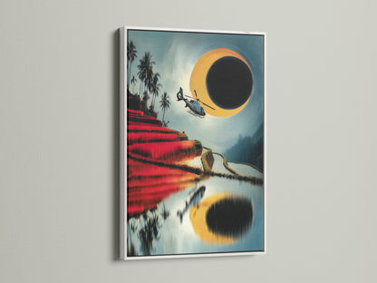 Helicopter Over Rice Terraces artwork displayed in a white frame. The artwork showcases a stunning landscape with rice paddies. The white frame enhances the modern feel of the travel photography. Ideal for adding a pop of color to any room