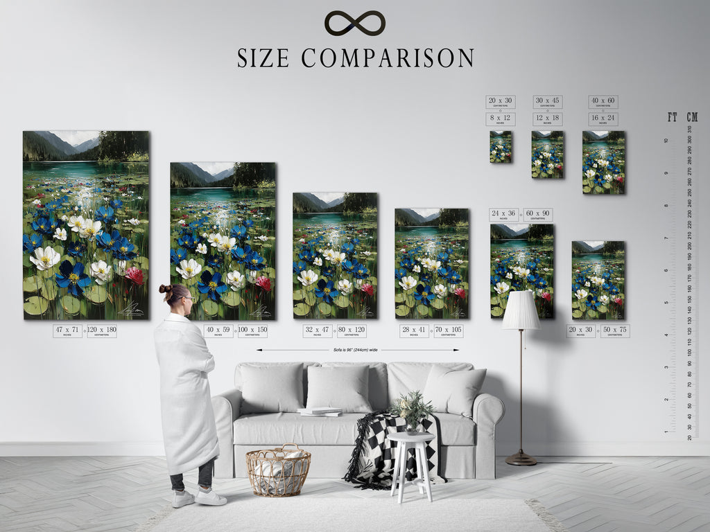 A size comparison chart displayed in an interior setting. Visualize the different sizes available for your artwork. This helps you choose the perfect fit for your space. Enhance your home decor with art.