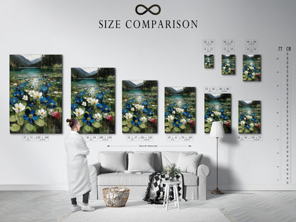A size comparison chart displayed in an interior setting. Visualize the different sizes available for your artwork. This helps you choose the perfect fit for your space. Enhance your home decor with art.